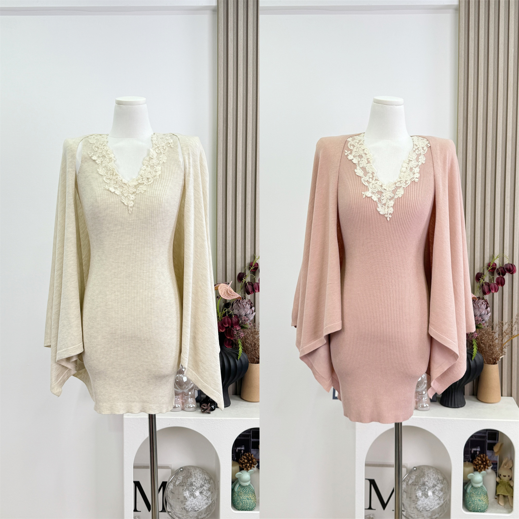 Hotdog Spicy Love Letter Two-Color Lace V-Neck Dress Elegant Knit Set for Women - Image 5