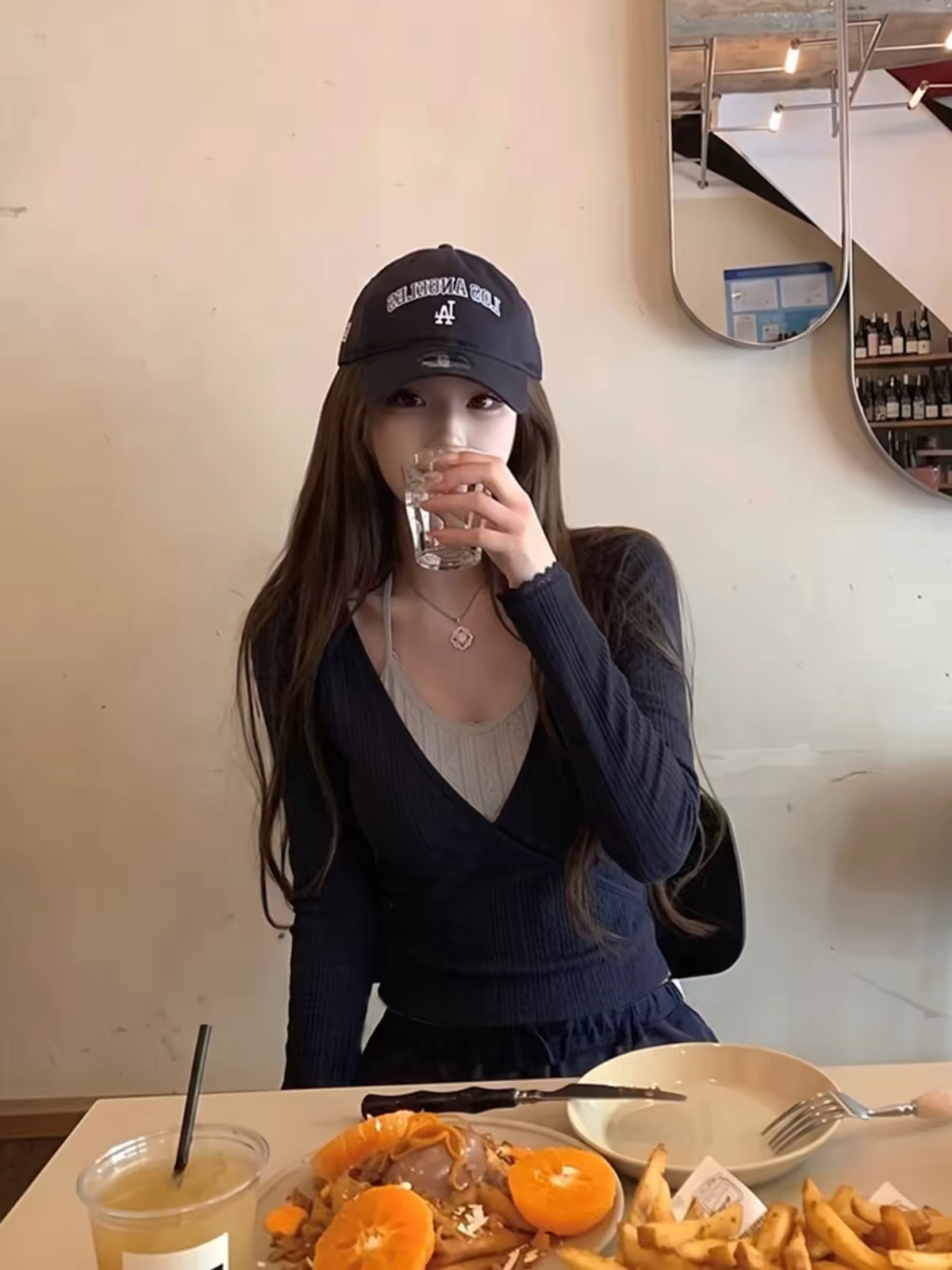 Korean Style Navy Cross Layered Lace Halter Long Sleeve T-Shirt for Women - Image 3