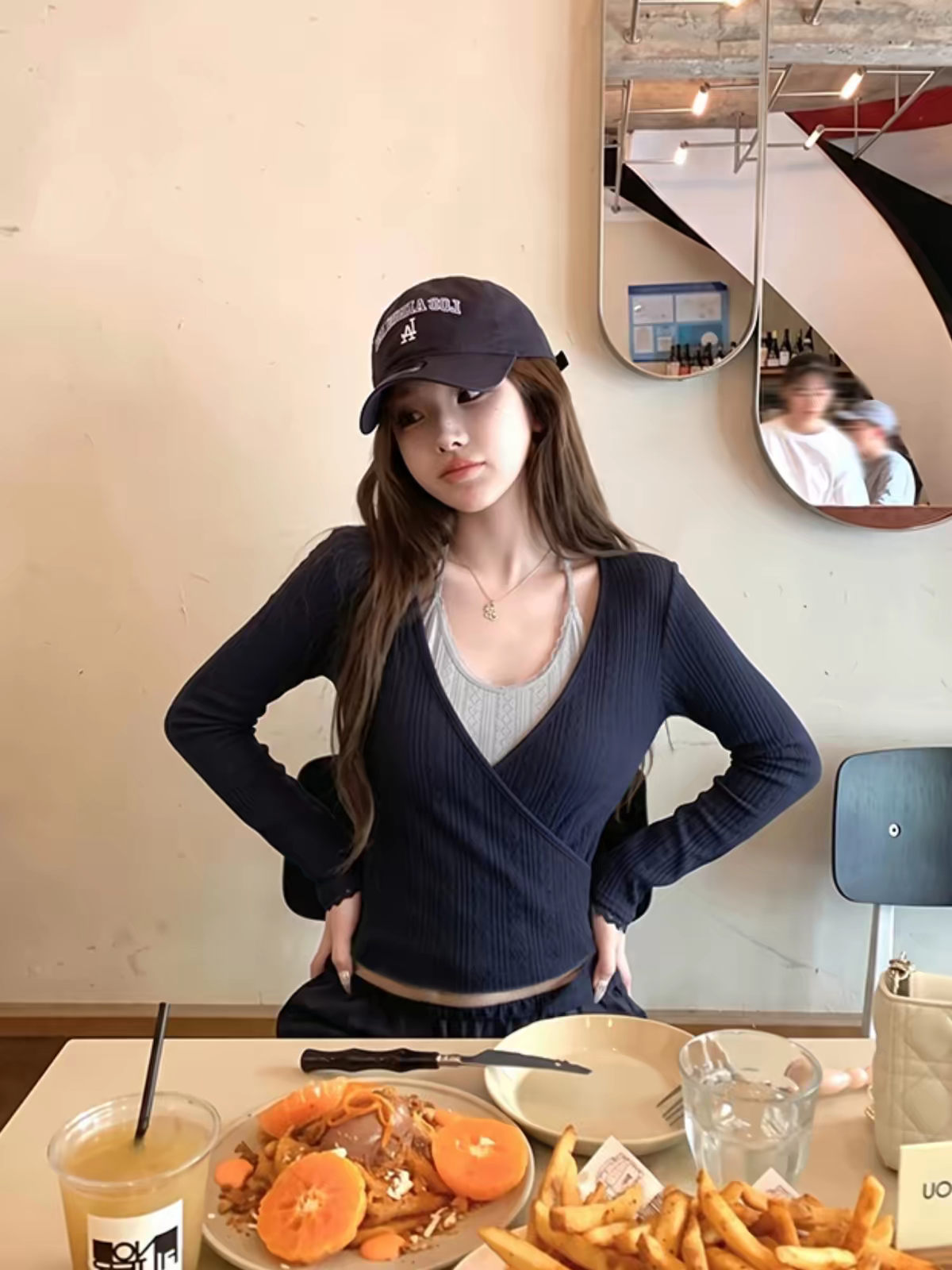 Korean Style Navy Cross Layered Lace Halter Long Sleeve T-Shirt for Women - Image 4