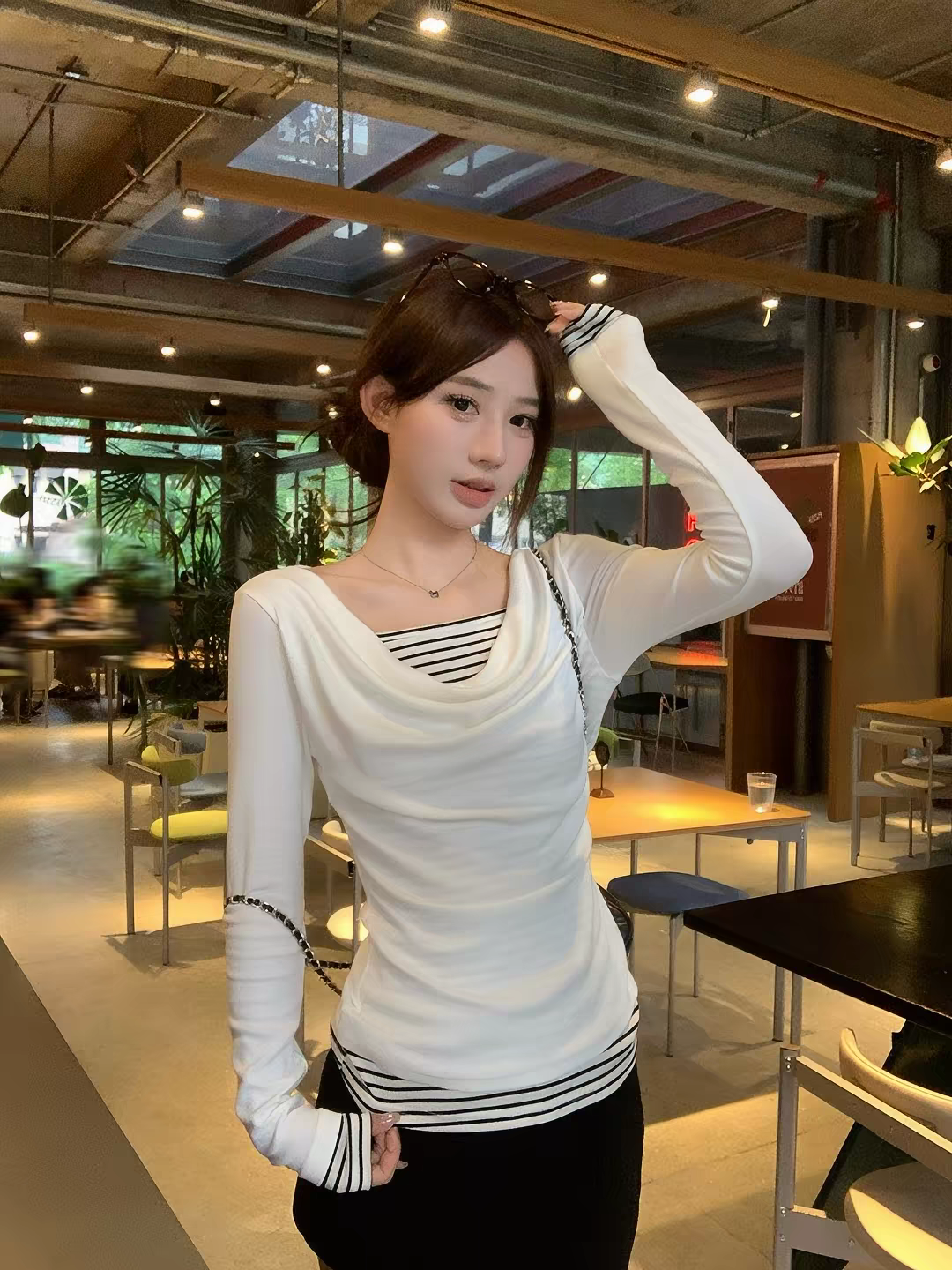 Women's Striped Faux-Layer Long-Sleeve T-Shirt with Cowl Neck - Style 43384f - Image 2