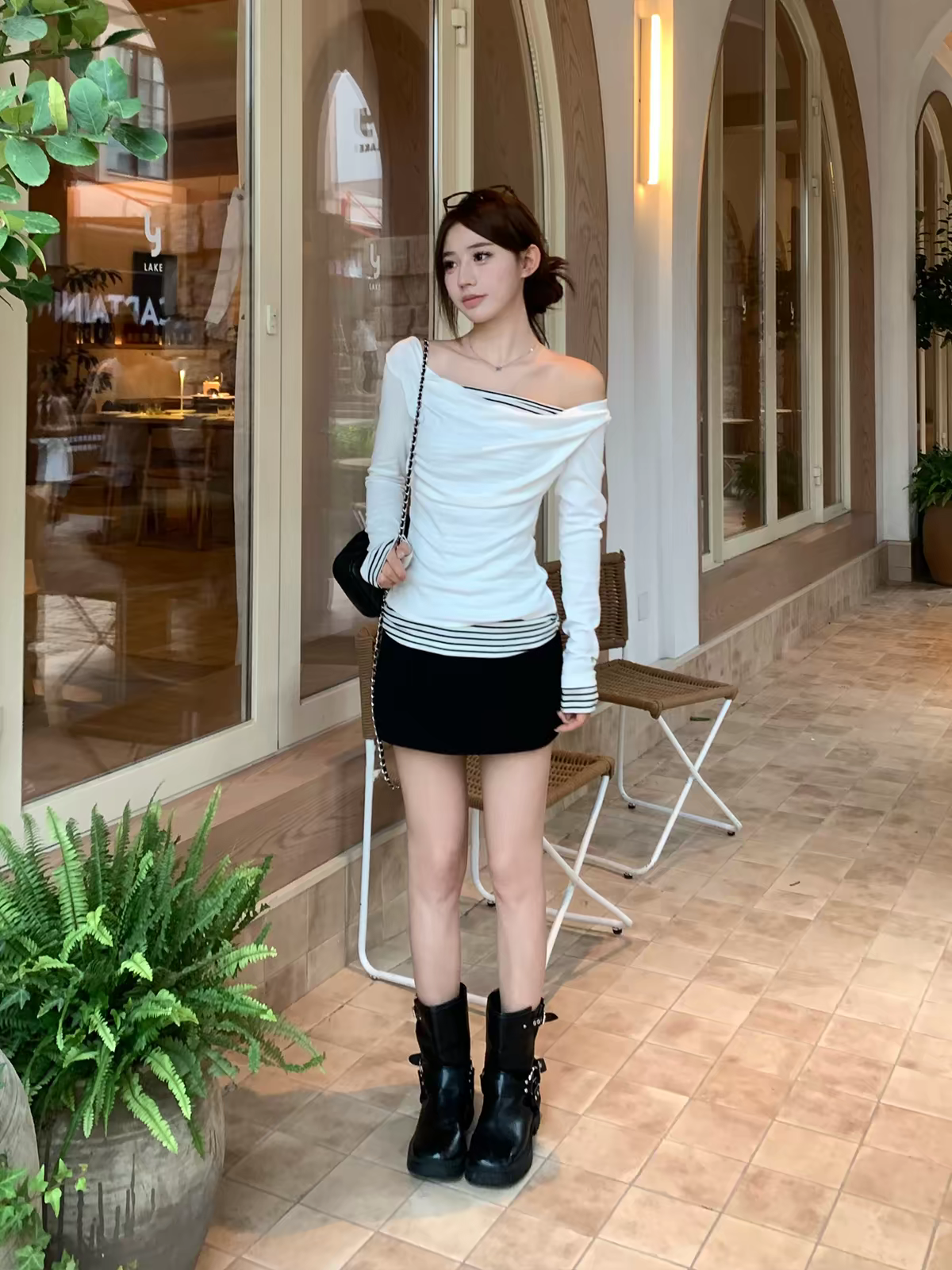 Women's Striped Faux-Layer Long-Sleeve T-Shirt with Cowl Neck - Style 43384f - Image 4
