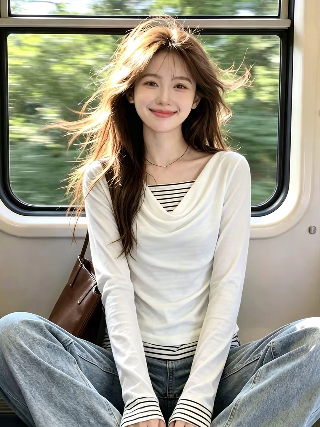 Women's Striped Draped Neck Faux Two-Piece Long Sleeve T-Shirt - Style 43388a - Image 2
