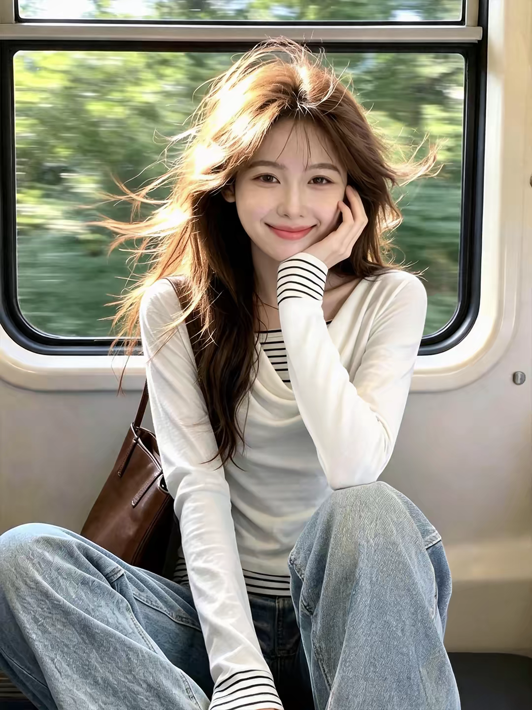 Women's Striped Draped Neck Faux Two-Piece Long Sleeve T-Shirt - Style 43388a - Image 3