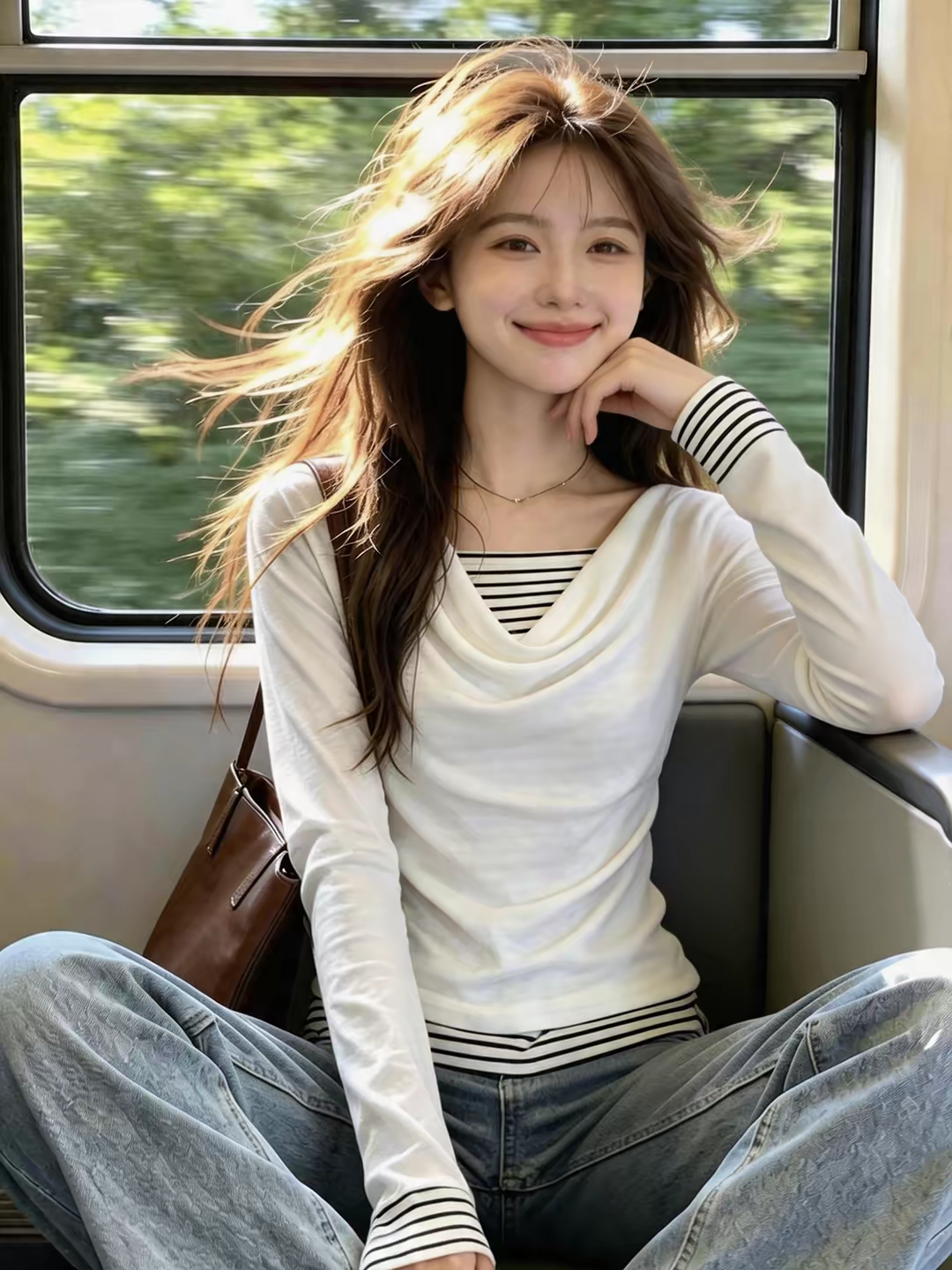 Women's Striped Draped Neck Faux Two-Piece Long Sleeve T-Shirt - Style 43388a - Image 4