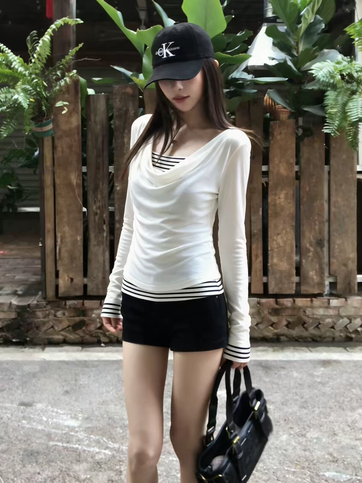 Women's Striped Faux-Layer Long-Sleeve T-Shirt with Cowl Neck - Style ba5e17 - Image 2