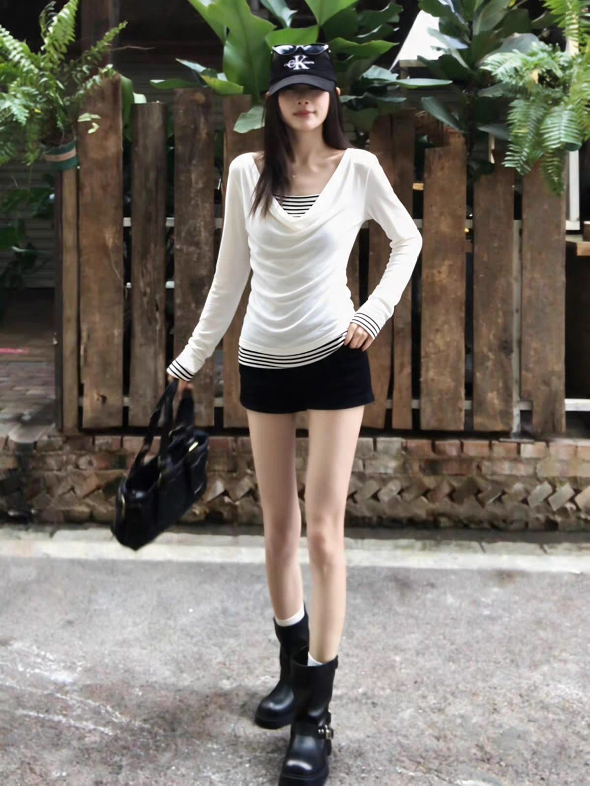 Women's Striped Faux-Layer Long-Sleeve T-Shirt with Cowl Neck - Style ba5e17