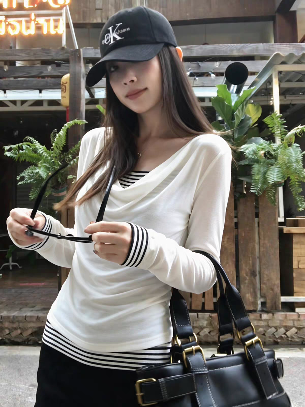 Women's Striped Faux-Layer Long-Sleeve T-Shirt with Cowl Neck - Style ba5e17 - Image 3