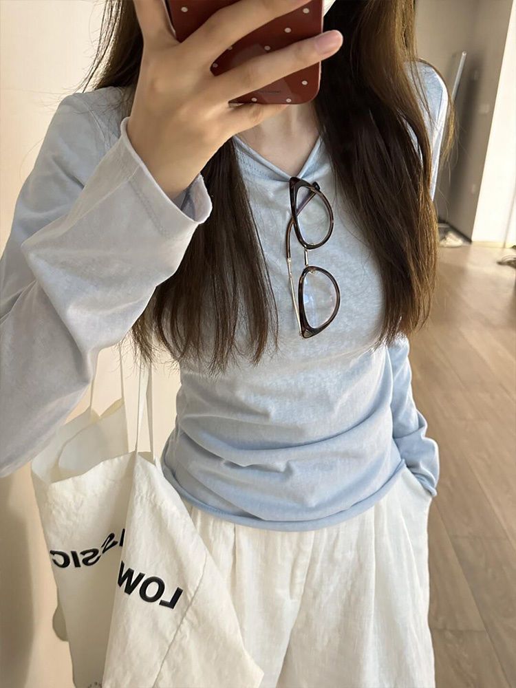 Korean Style Blue Rolled Hem Long Sleeve T-Shirt Women Slim Fit Versatile Design Top - Image 3