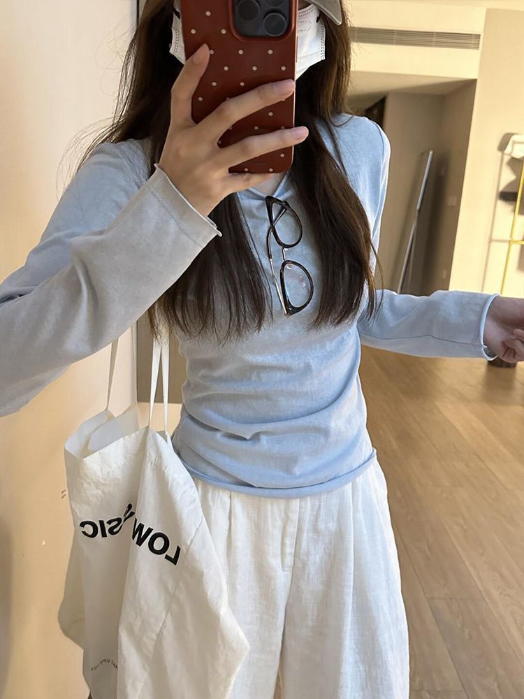 Korean Style Blue Rolled Hem Long Sleeve T-Shirt Women Slim Fit Versatile Design Top