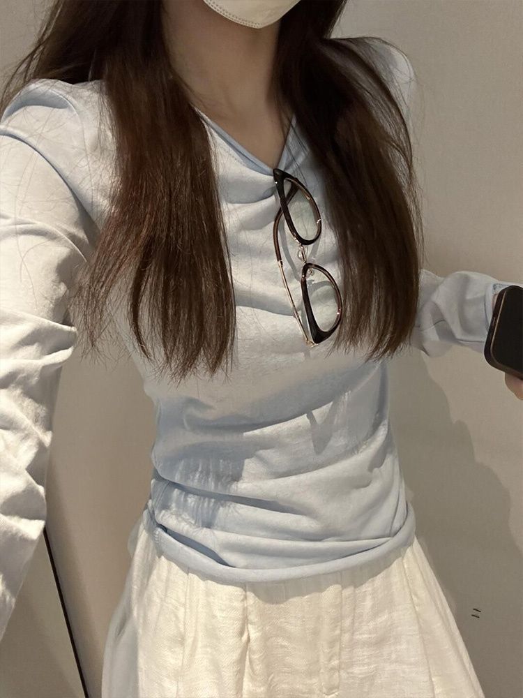 Korean Style Blue Rolled Hem Long Sleeve T-Shirt Women Slim Fit Versatile Design Top - Image 4